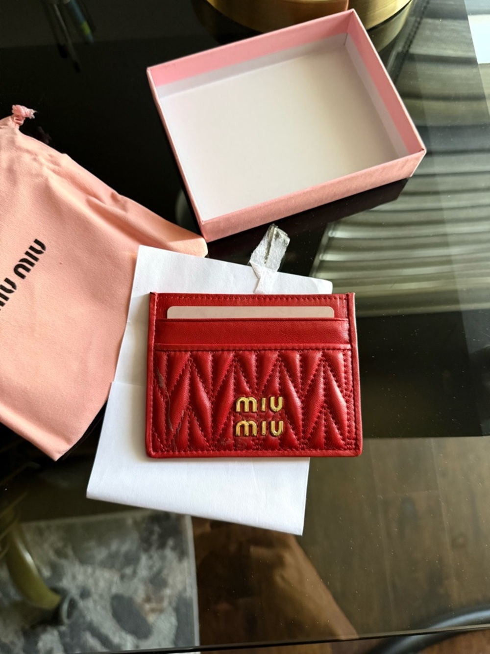 Miu Miu Red Leather Card Holder with Gold Logo
